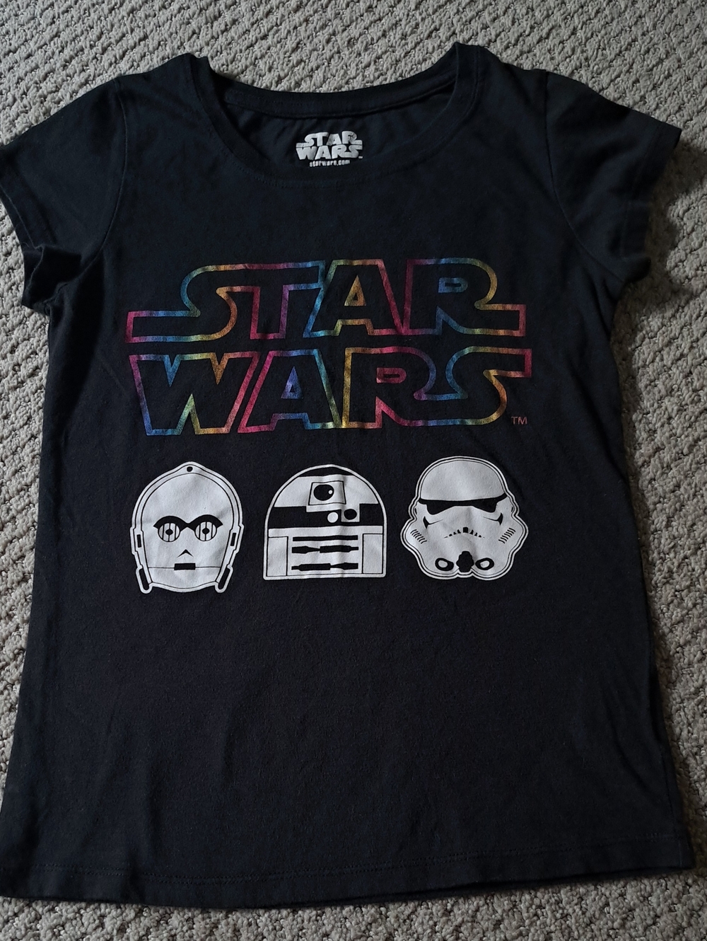 Girls Star Wars Black Tee with Rainbow Logo and White Character Helmets Sz. L